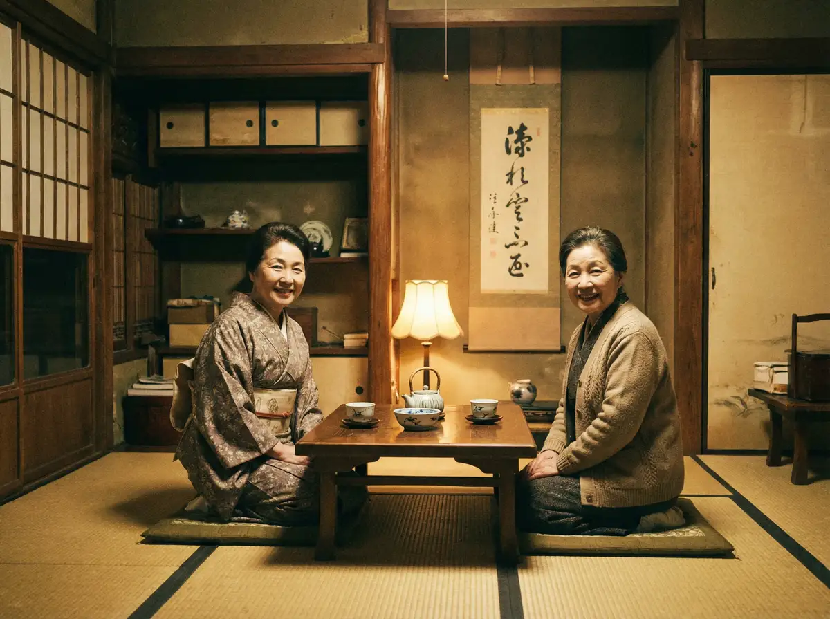 两位优雅的 群p视频最新原创与精选|群p 在日式茶室中品茶交谈